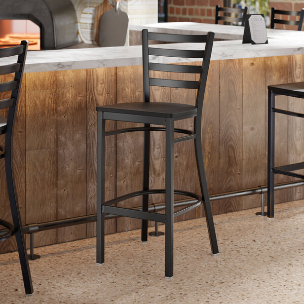Lancaster Table & Seating Black Finish Ladder Back Bar Stool with Black Wood Seat