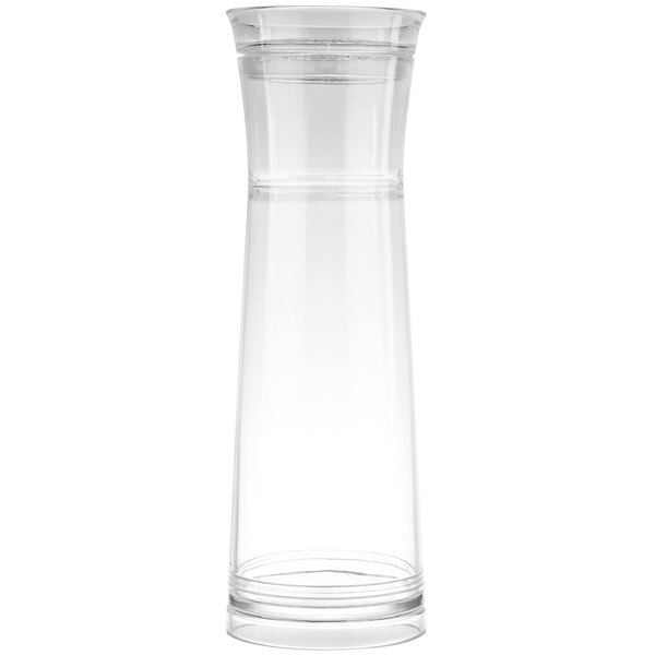 A clear plastic Tablecraft carafe with a black lid.