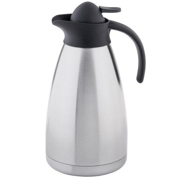 A Tablecraft stainless steel coffee carafe with a black handle.