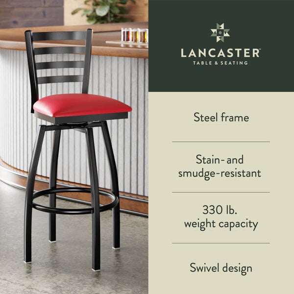 Graphic showing a ladder back bar stool with red padded seat, black frame, and features.