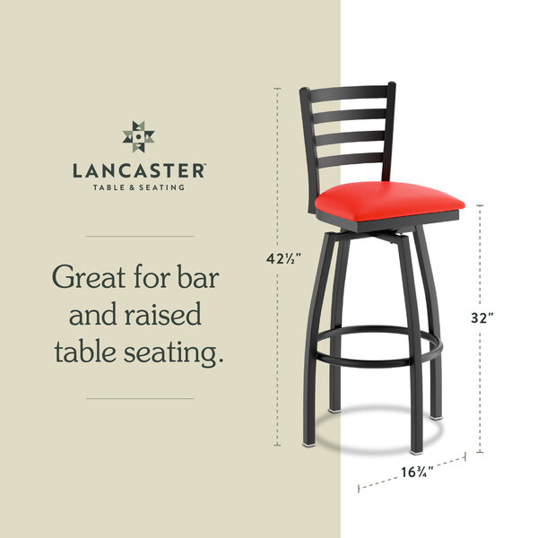 Graphic showing a ladder back bar stool with red padded seat and dimensions.