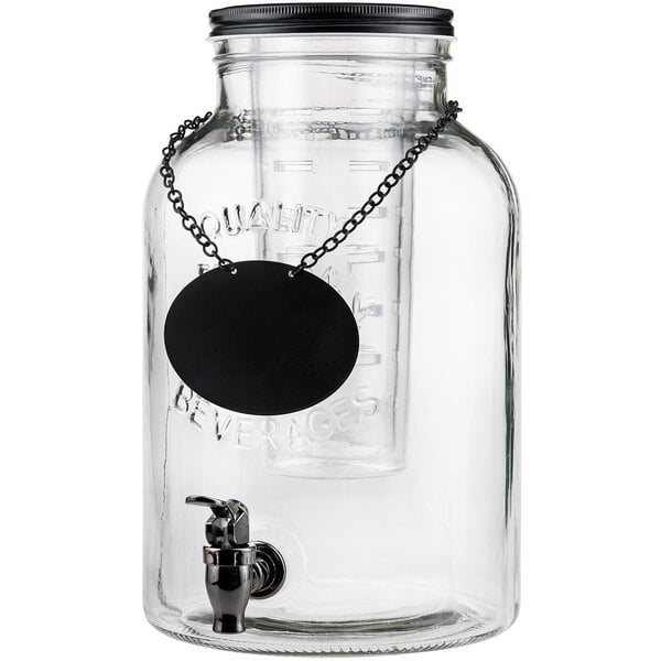 a glass jar with a black label