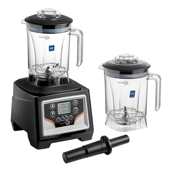 A commercial blender with touchpad controls, timer, adjustable speed, and two 48 oz. Tritan containers.