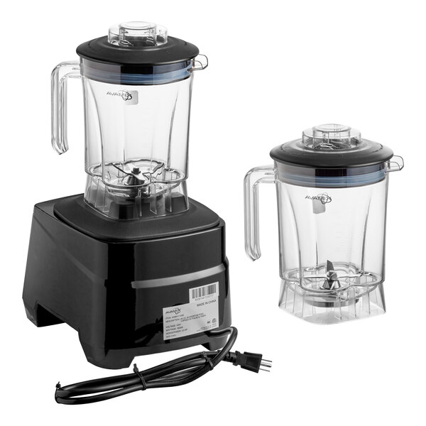 A commercial blender with a black base, touchpad controls, and two clear 48 oz. containers with lids.