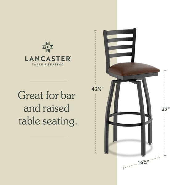 Graphic showing a ladder back bar stool with dark brown padded seat and dimensions.
