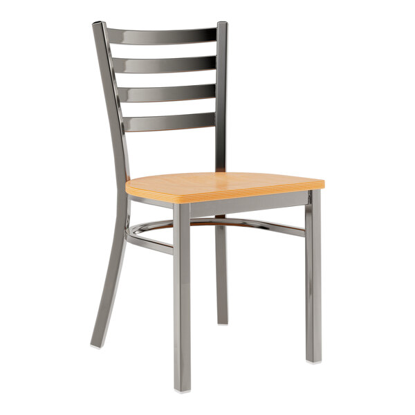 A Lancaster Table & Seating metal chair with a wooden seat and back.