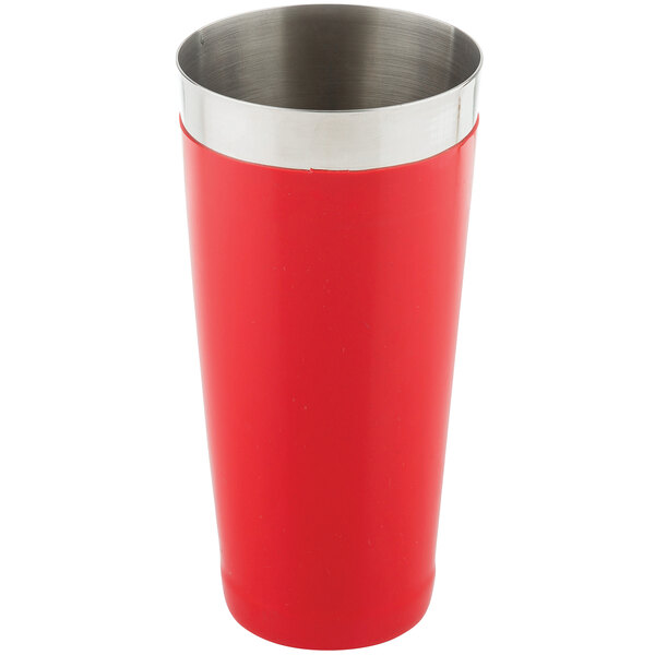 A red stainless steel cocktail shaker tin with silver trim.