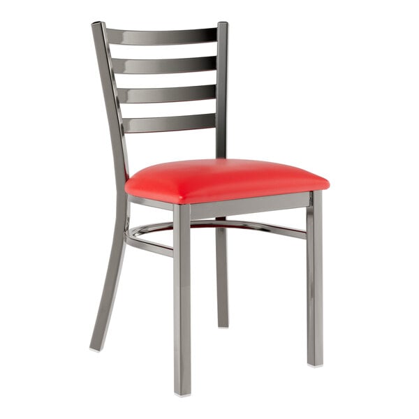 Lancaster Table & Seating Clear Coat Finish Ladder Back Chair with 2 1/2" Red Vinyl Padded Seat