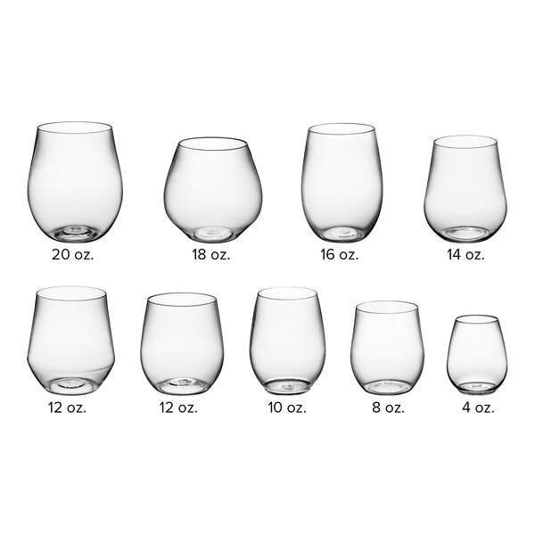 A set of Visions clear plastic stemless wine glasses with curved bottoms.