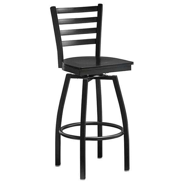 black wooden swivel bar stools