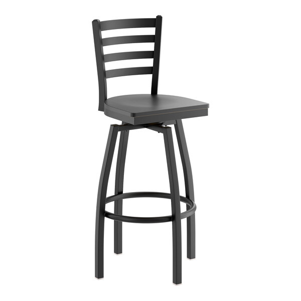 A black ladder back swivel bar stool with a black wood seat and metal legs.