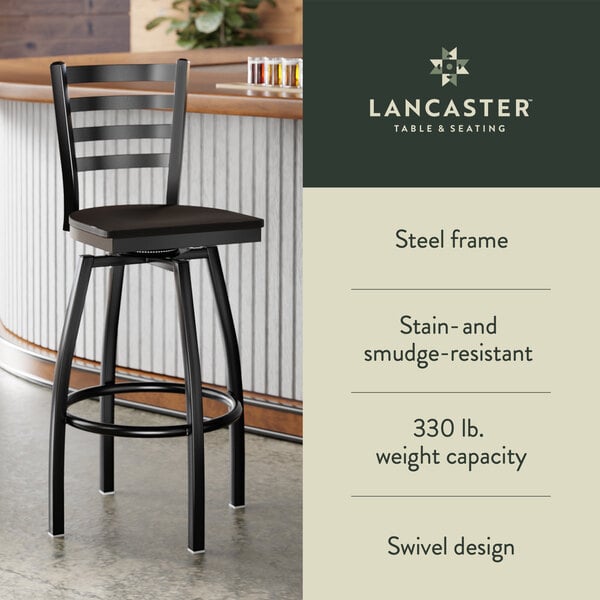 Graphic showing a ladder back bar stool with black wood seat, black frame, and features.
