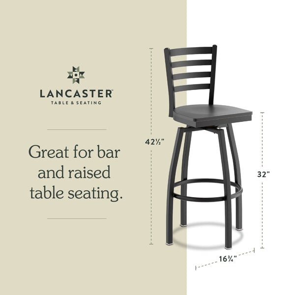 Graphic showing a ladder back bar stool with black wood seat and dimensions.
