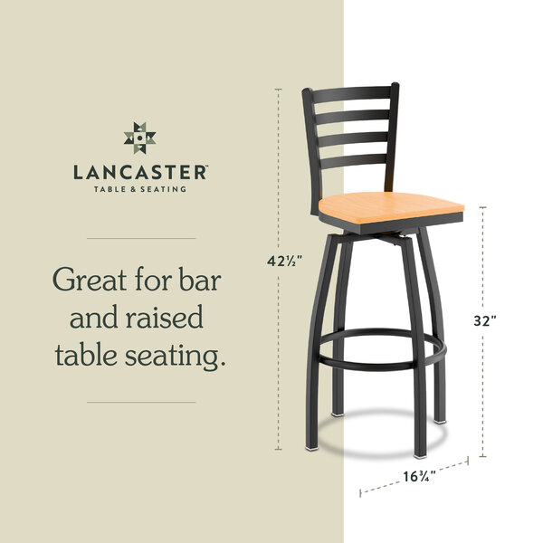 Graphic showing a ladder back bar stool with natural wood seat and dimensions.