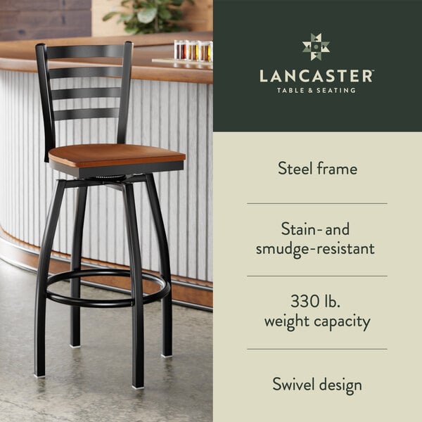 Graphic showing a ladder back bar stool with antique walnut seat, black frame, and features.