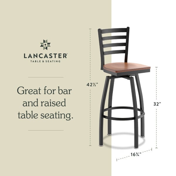 Graphic showing a ladder back bar stool with antique walnut seat and dimensions.