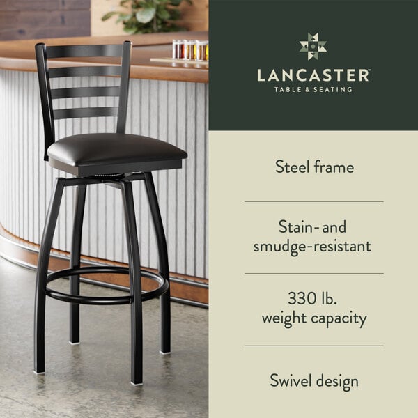 Graphic showing a ladder back bar stool with black padded seat, black frame, and features.