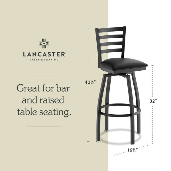 Graphic showing a ladder back bar stool with black padded seat and dimensions.