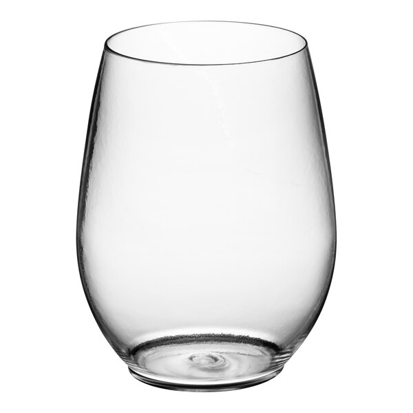 A Visions clear plastic stemless wine glass on a white background.