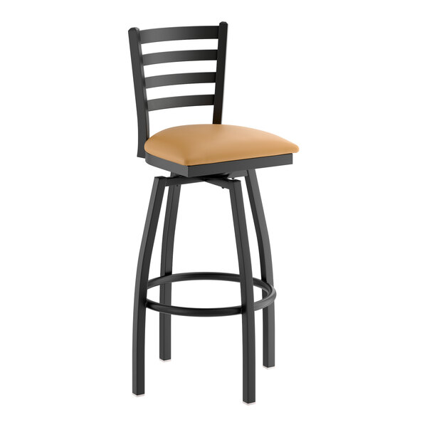 A black metal swivel bar stool with a ladder back and a light brown vinyl padded seat.