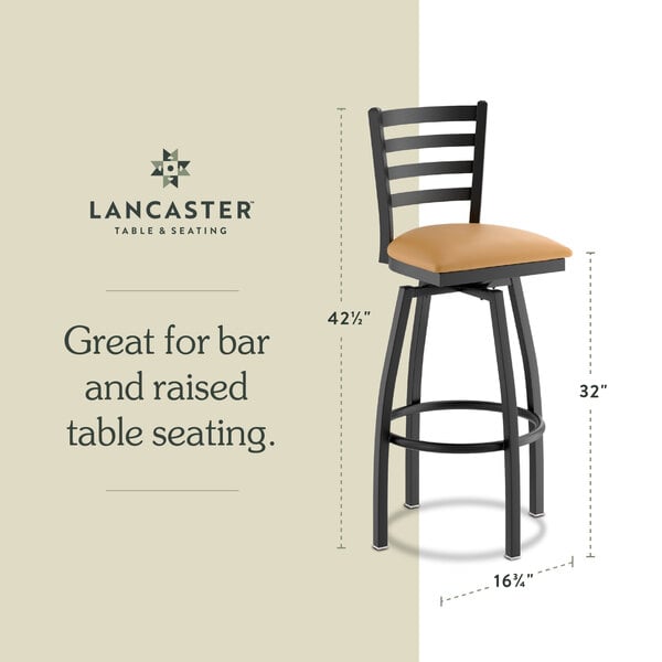 Graphic showing a ladder back bar stool with light brown padded seat and dimensions.