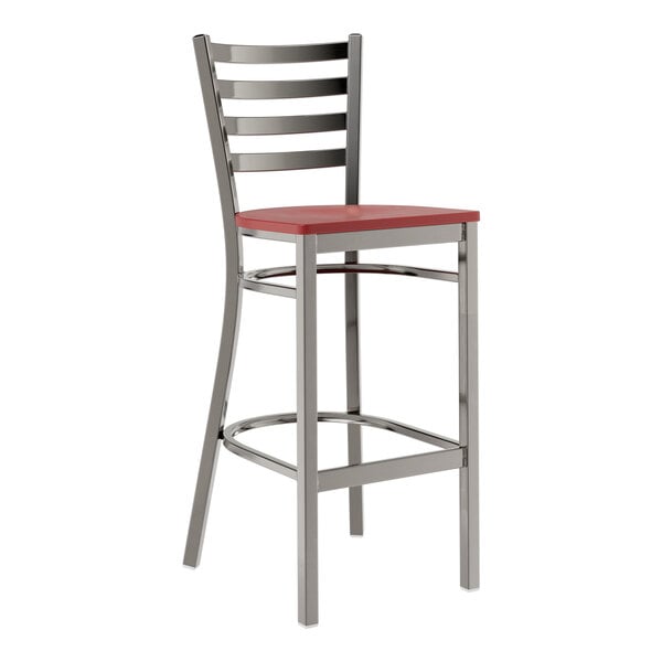 A Lancaster Table & Seating clear coat finish ladder back bar stool with a mahogany wood seat on a metal frame.