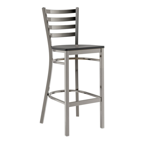 A Lancaster Table & Seating metal bar stool with a black wood seat and ladder back.