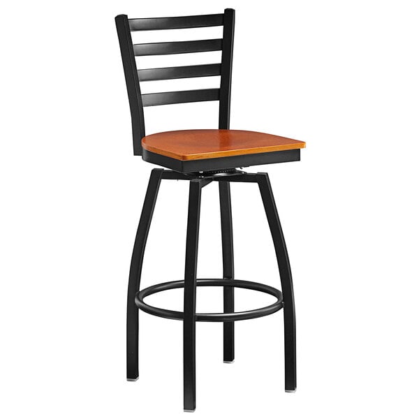 Ladder Back Metal Restaurant Bar Stool with Cherry Finish Wood Seat 