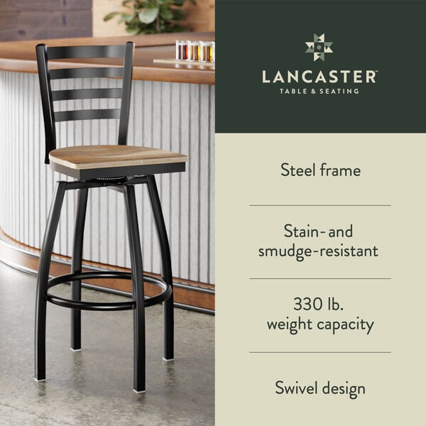 Graphic showing a ladder back bar stool with driftwood seat, black frame, and features.