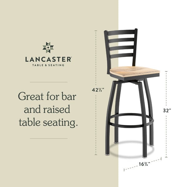 Graphic showing a ladder back bar stool with driftwood seat and dimensions.