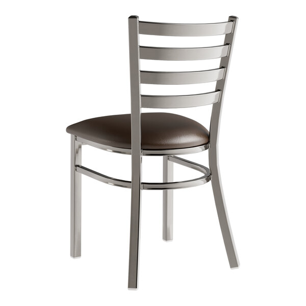 A Lancaster Table & Seating metal restaurant chair with a dark brown vinyl padded seat.