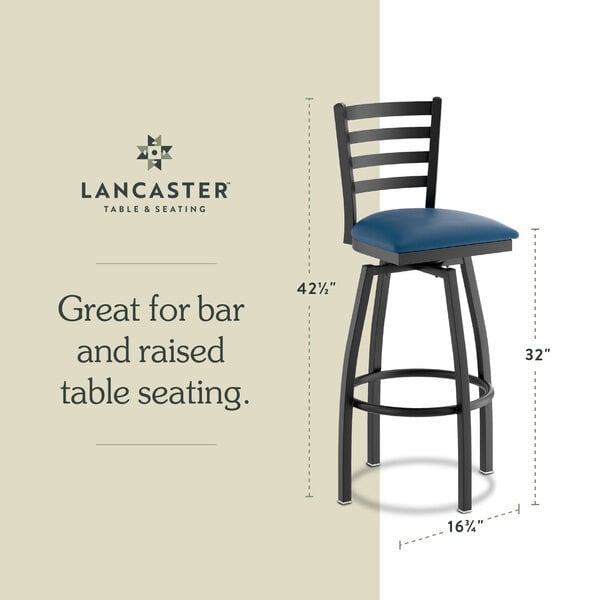 Graphic showing a ladder back bar stool with navy padded seat and dimensions.