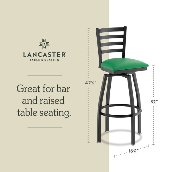 Graphic showing a ladder back bar stool with green padded seat and dimensions.