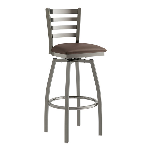 A Lancaster Table & Seating Ladder Back Swivel Bar Stool with a dark brown vinyl padded seat.