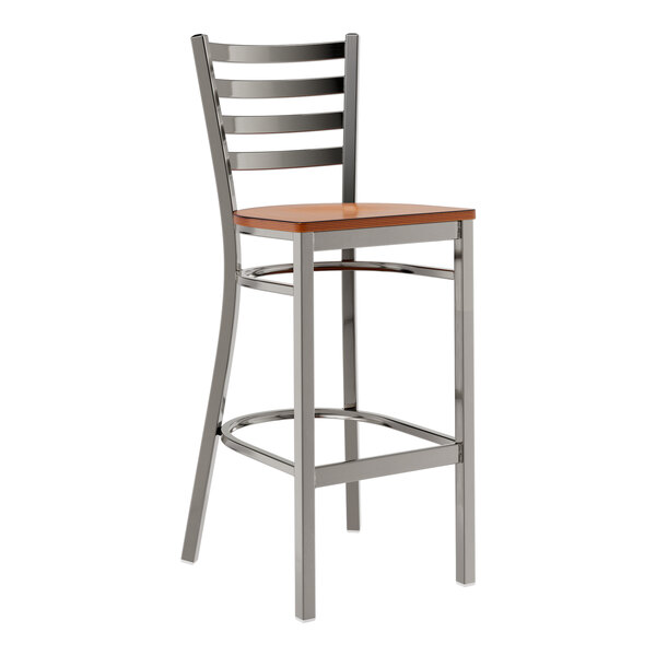A Lancaster Table & Seating metal bar stool with a wooden seat.