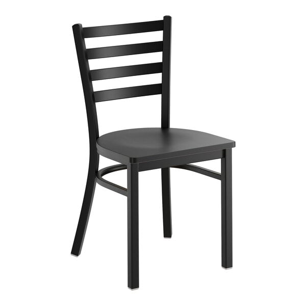 A black ladder back chair with a black wood seat and a detached seat design.