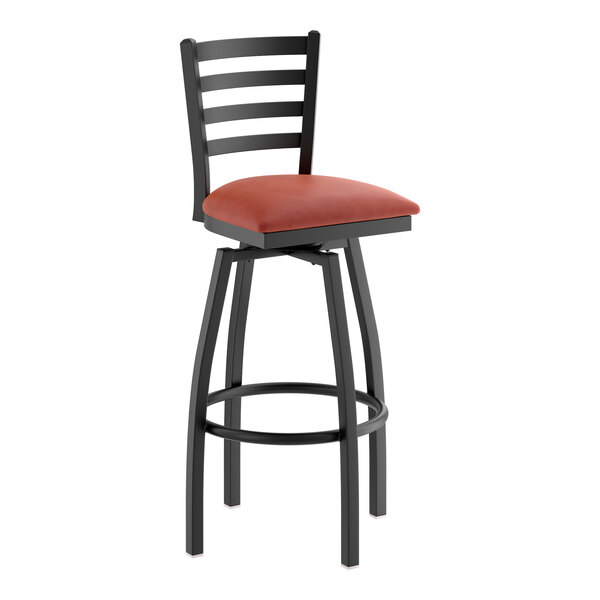 A black metal ladder back swivel bar stool with a burgundy vinyl padded seat.