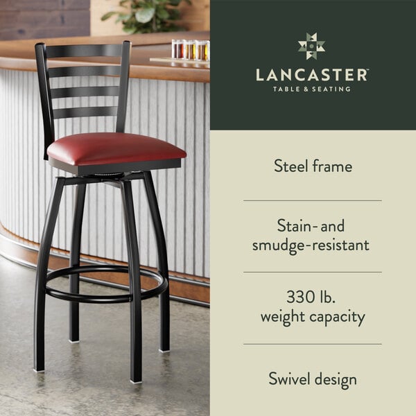 Graphic showing a ladder back bar stool with burgundy padded seat, black frame, and features.