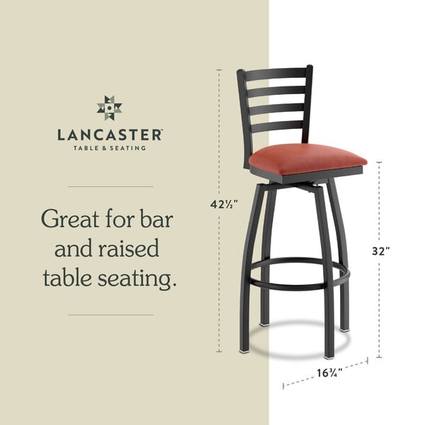 Graphic showing a ladder back bar stool with burgundy padded seat and dimensions.