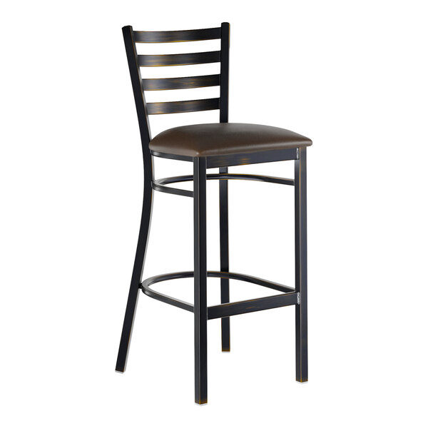 Lancaster Table & Seating Distressed Copper Finish Ladder Back Bar Stool with 2 1/2" Dark Brown Vinyl Padded Seat