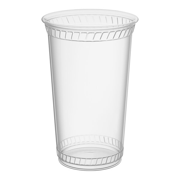 A clear 20 oz. compostable plastic cold cup.