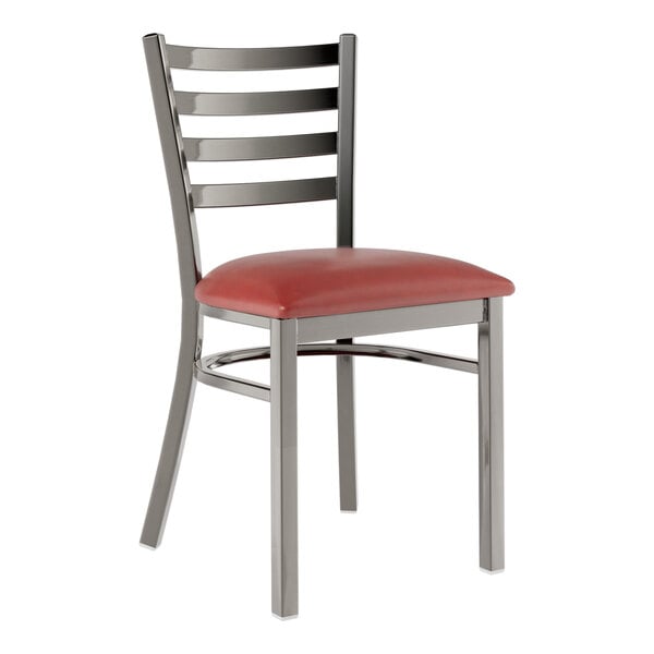 A Lancaster Table & Seating metal ladder back chair with burgundy vinyl padded seat