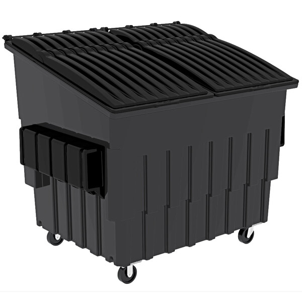 A dark cool gray Toter front end loading dumpster with wheels.