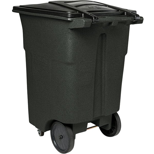 A green Toter rectangular wheeled trash can with casters and lid.