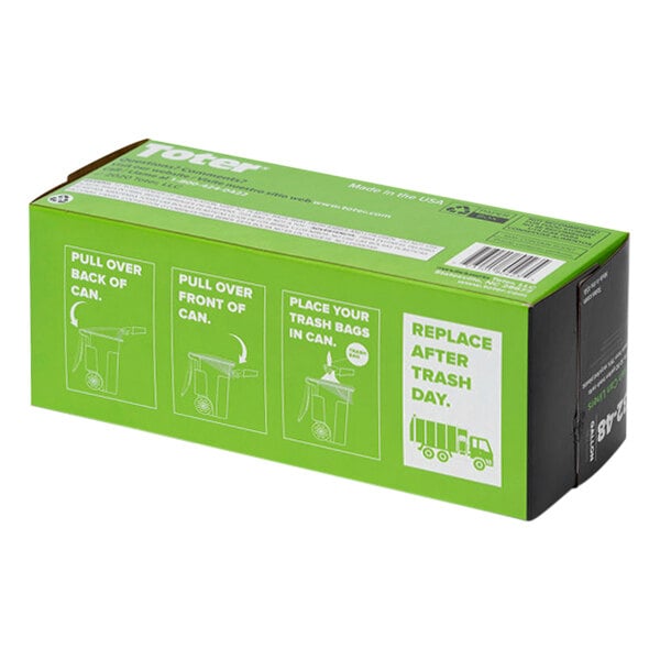 A green box with white text and black text that says "Toter 48 Gallon Trash Can Liner"