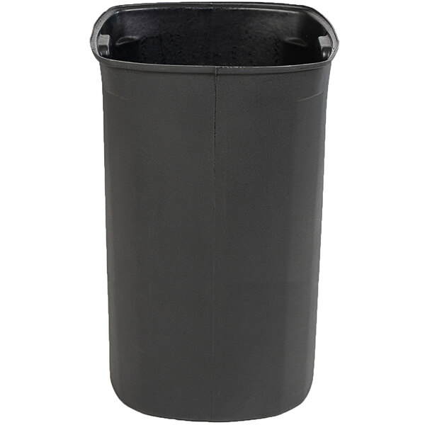 A black plastic trash can with a black Toter rigid liner inside.