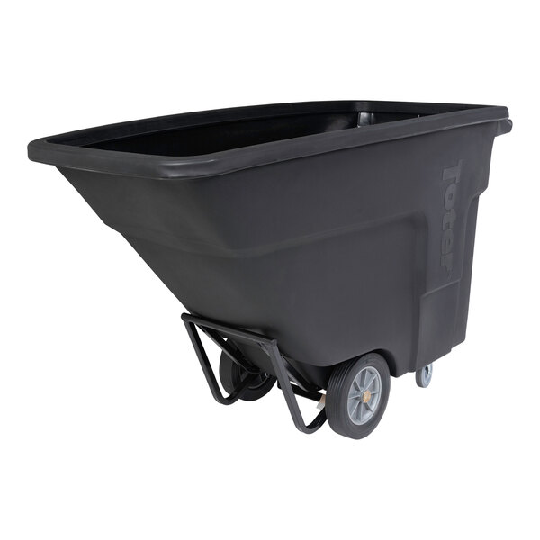 A black plastic container with wheels.