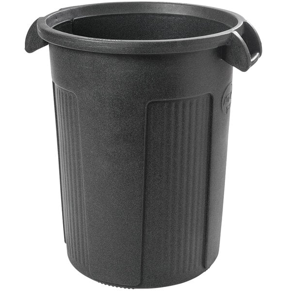 a black plastic trash can