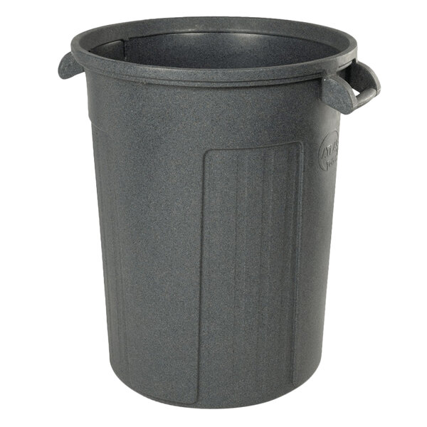 A dark gray plastic Toter trash can with handles.