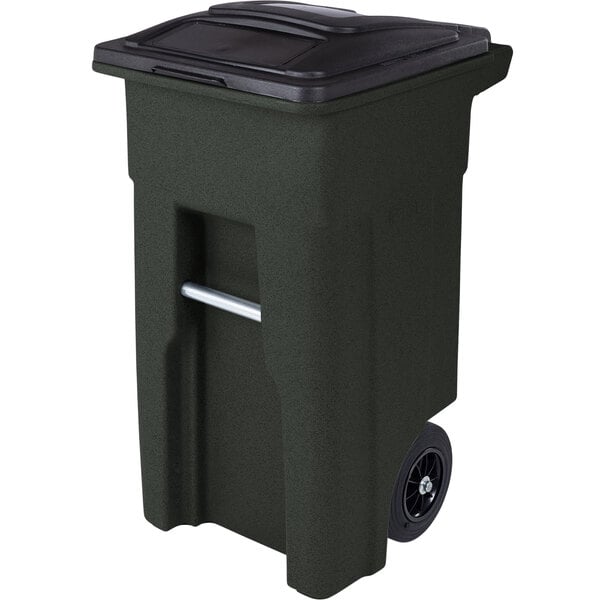 A black Toter rectangular trash can with wheels and a black lid.
